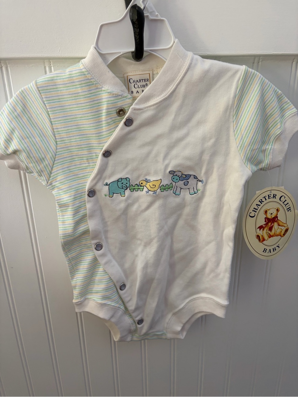 Charter Club Vintage Baby Short-Sleeve Onesie in White with Pastel Stripes